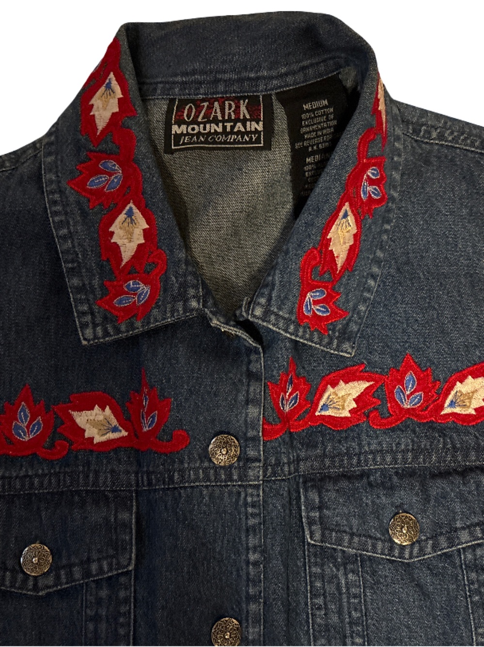 Vintage Embroidered Denim Vest - Red Accents - Picture 3 of 4